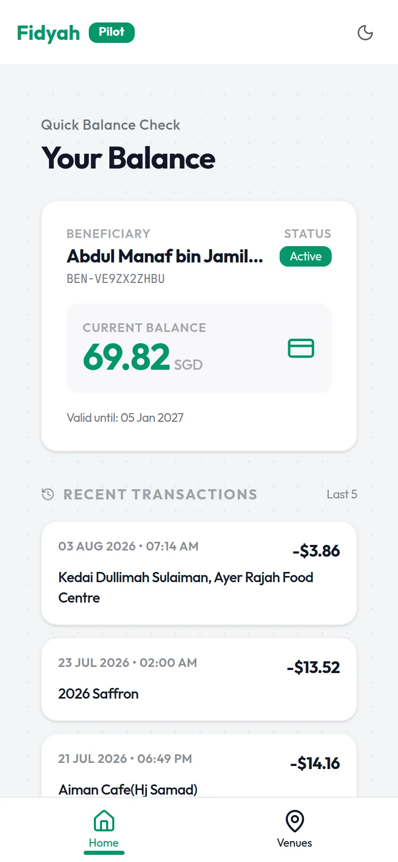Fidyah beneficiary balance check on a phone